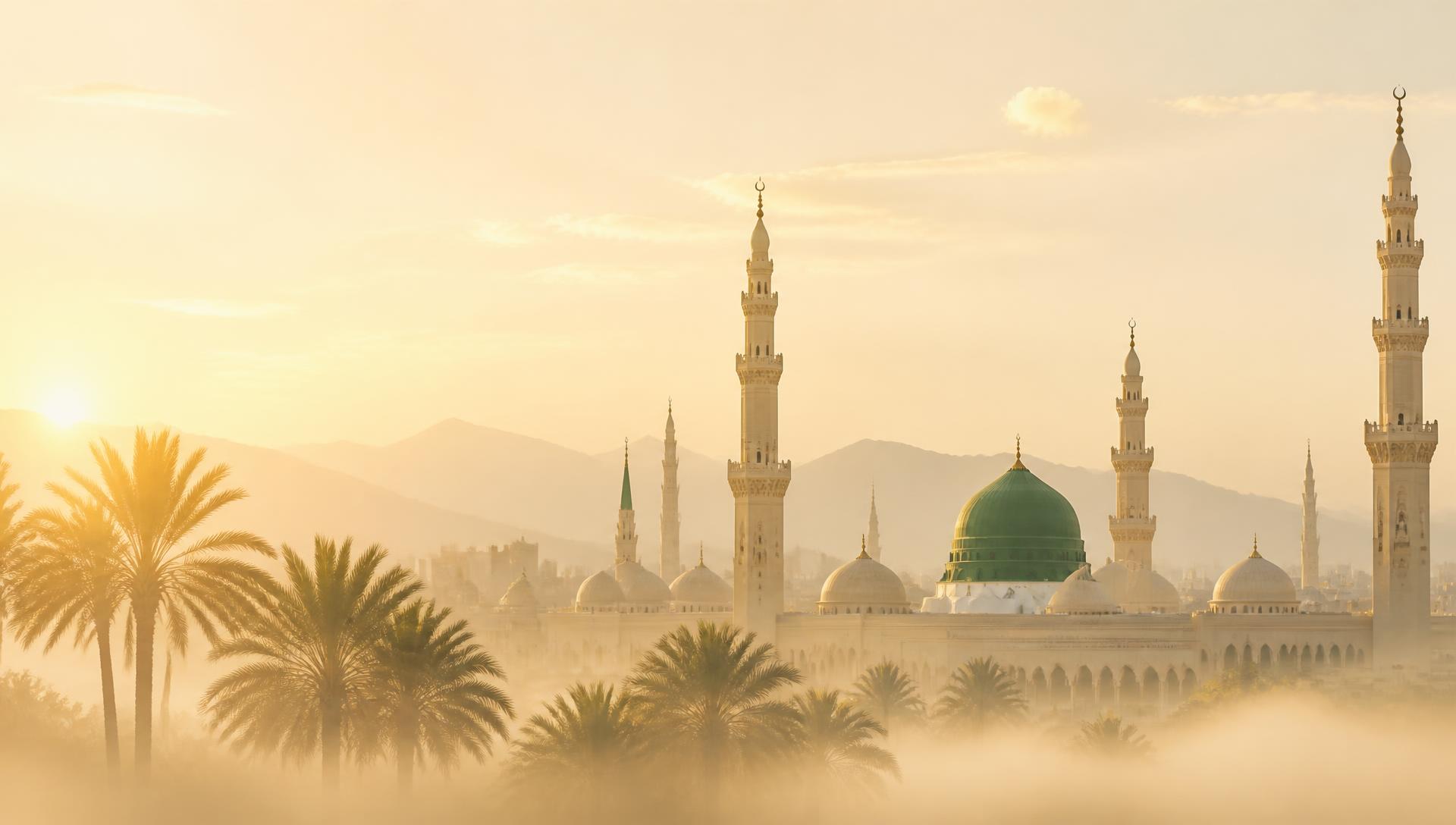 Golden dawn over the skyline of Madinah with palm trees and minarets